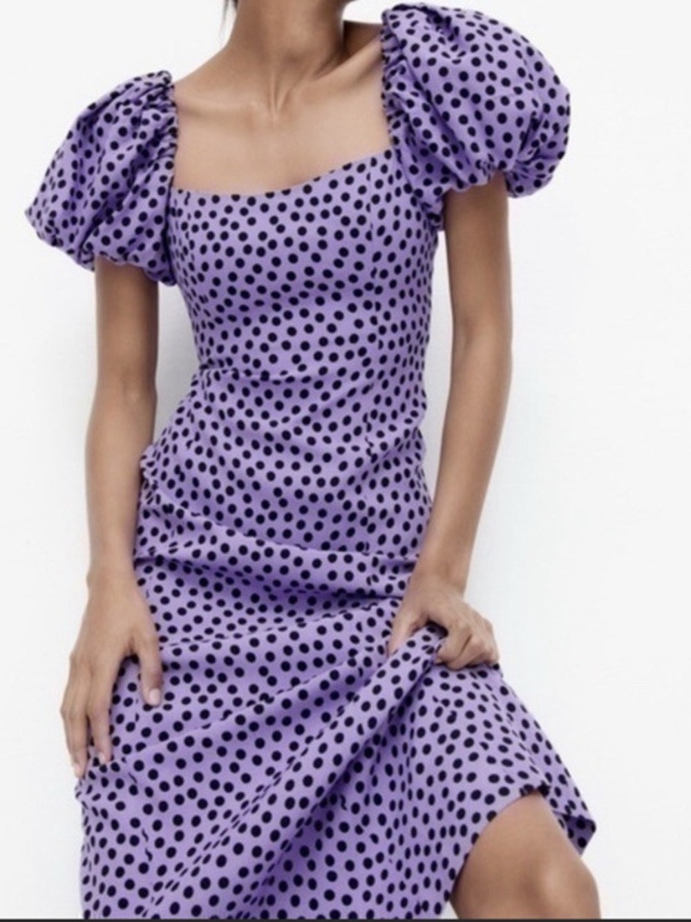 Zara Lilac Polka Dot Puff Sleeve Midi Dress